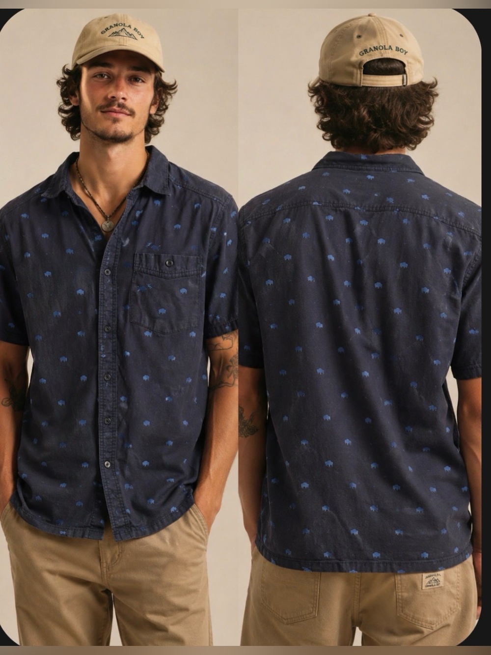 Mountain Khakis Navy Short-Sleeve Buffalo Print Organic Cotton Button Up Shirt S